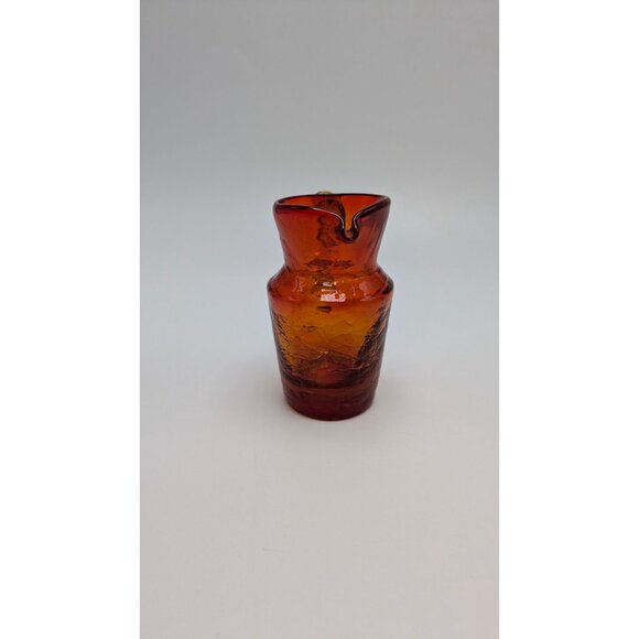 Blown Cracked Glass Amberina Pitcher Applied Handle Red Yellow Orange Vintage - Picture 6 of 10